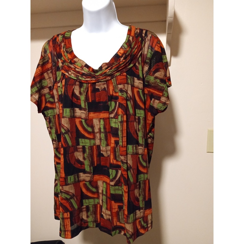 Abstract Geometric Mesh Pleated scoop Neck Blouse Orange Green Brown size XL